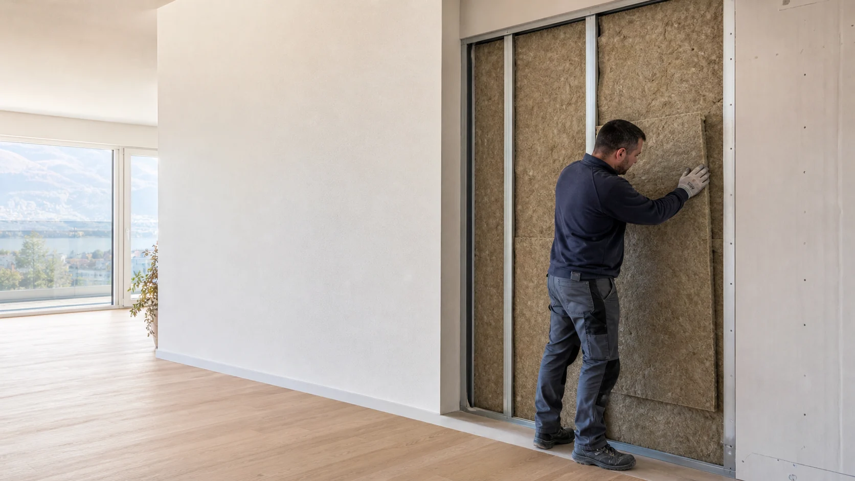 Artisan posant une isolation acoustique sur un mur intérieur en Suisse romande